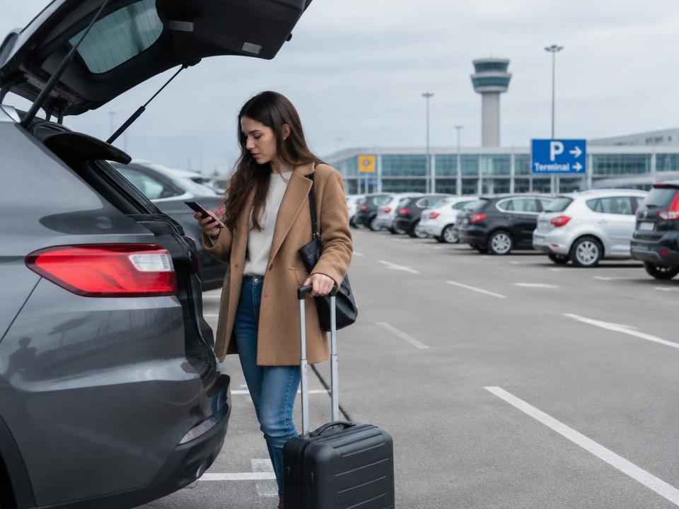 Traveller with a suitcase checking her phone beside her car in an airport car park