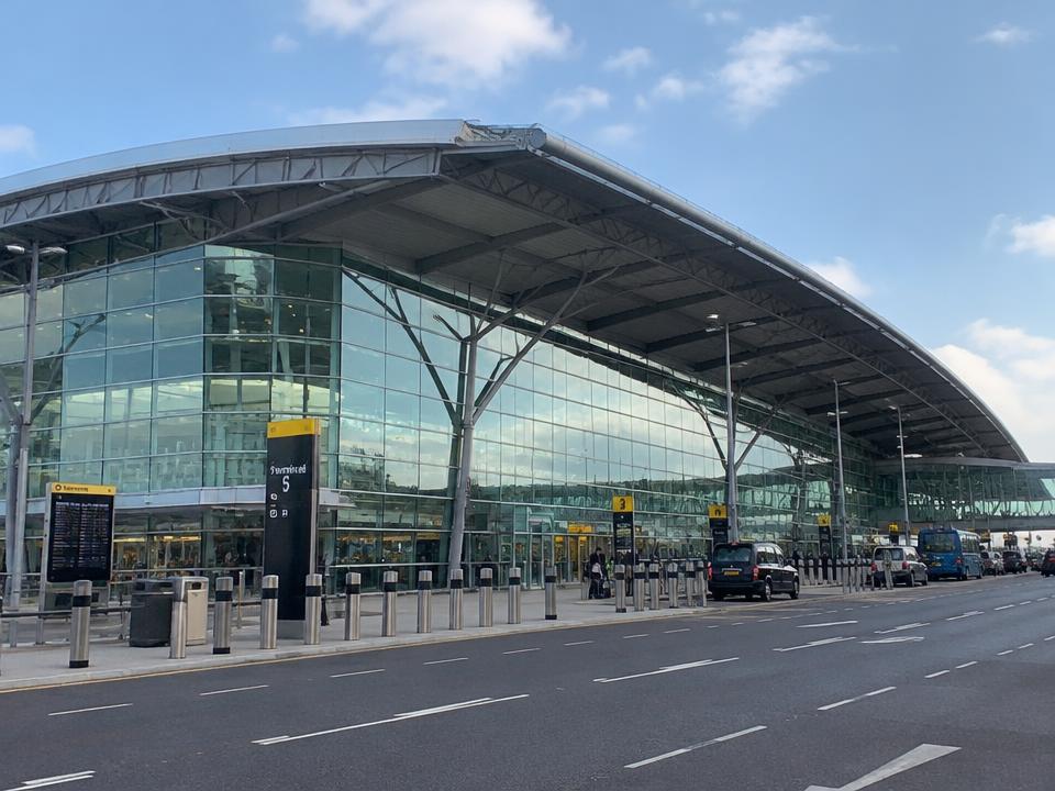 Heathrow Airport Terminal 5 exterior with its curved glass and steel roof