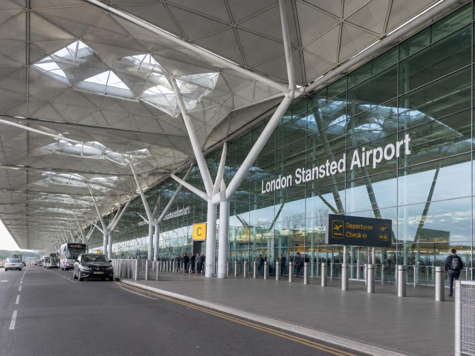 London Stansted Airport terminal with its distinctive tree-like roof supports